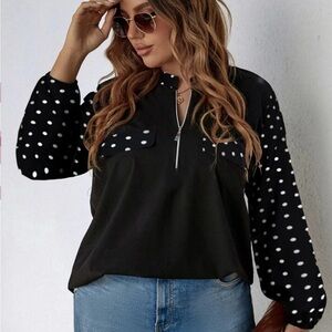 4XL Women's Shein Black half zip Blouse with White Dots